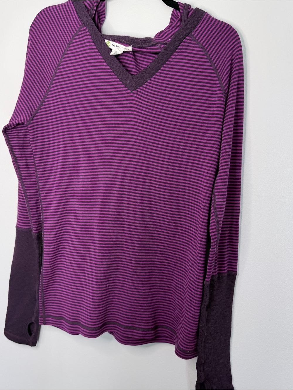 Akini Purple Striped V-Neck Long Sleeve Wool Top with Dark Purple Cuffs